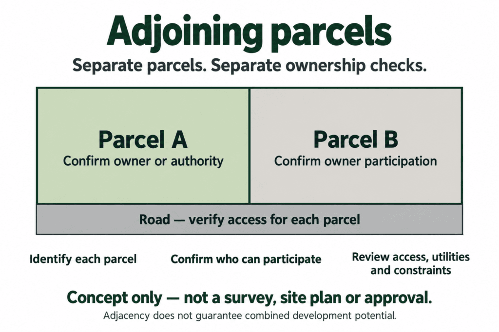 Concept diagram of two adjoining parcels showing separate ownership checks and the need to verify access.