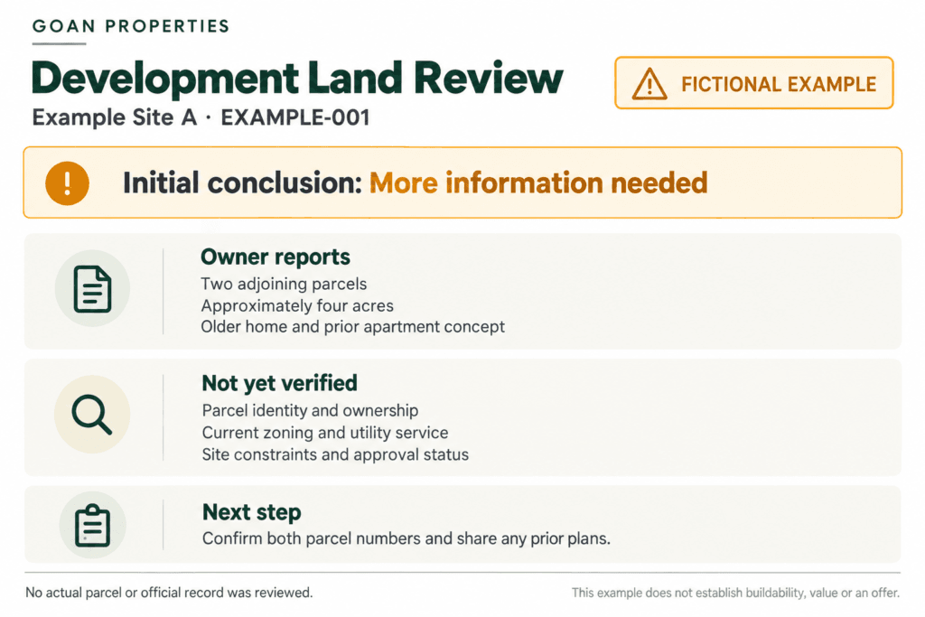 Fictional development-land review separating owner statements, unverified information and the next step.