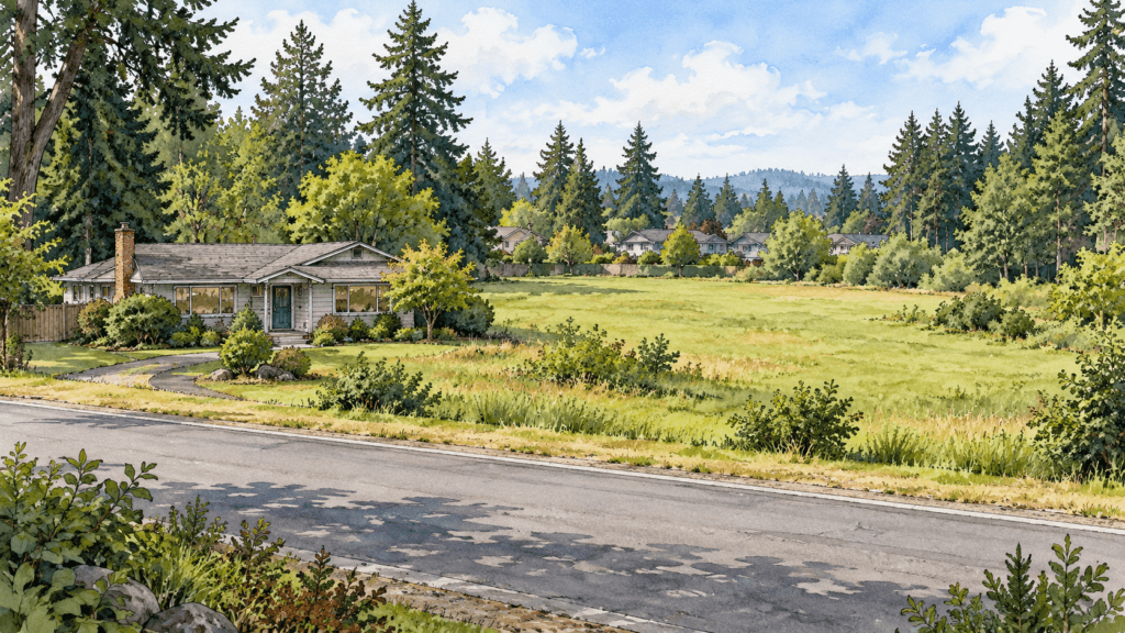 Illustration of an older home beside open land in a Northwest neighborhood.